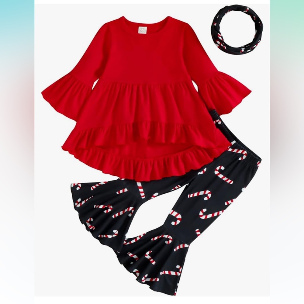 Red Ruffle Shirt-dress, Candy Cane Pants & matching Scarf Set